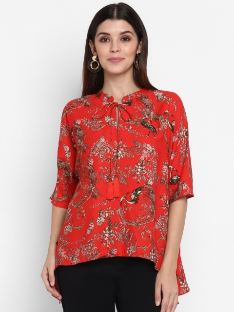 

NIZA Women Red Printed Tie-Up Neck High-Low Top