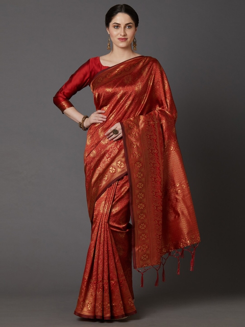 

Mitera Rust & Gold-Toned Ethnic Motifs Zari Silk Blend Banarasi Saree