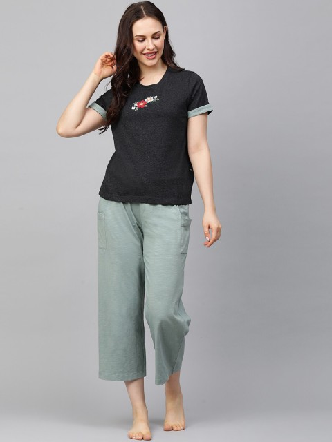 

Chemistry Women Black & Green Embroidered Night suit