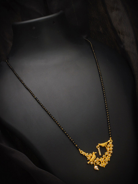 

aadita Gold-Plated Black Beaded & White AD-Studded Alphabet Initials Letter I Mangalsutra