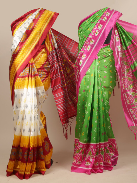 

Pothys Set of 2 Green & White Ikat Print Jute Silk Sarees