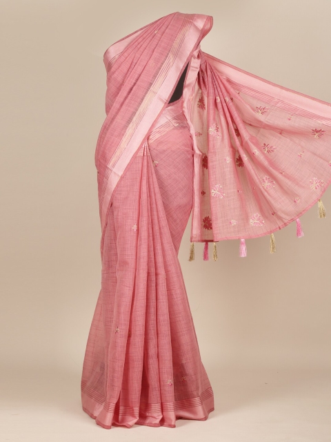 

Pothys Peach & Gold-Toned Ethnic Motifs Embroidered Pure Cotton Saree