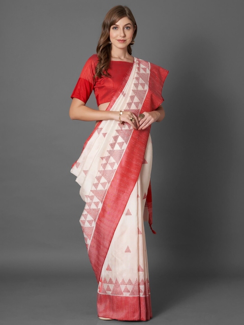 

Mitera White & Red Ethnic Motifs Linen Blend Saree