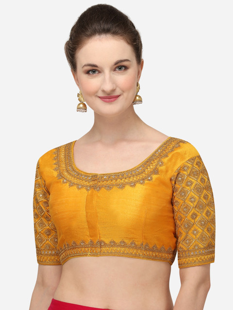 

Fab Dadu Women Yellow & Gold-Coloured Embroidered Silk Saree Blouse