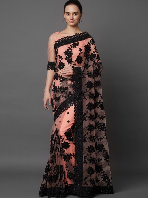 

Mitera Peach & Black Embellished Net Saree