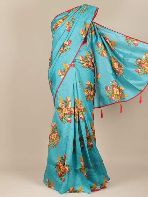 

Pothys Blue & Red Cotton Blend Floral Saree