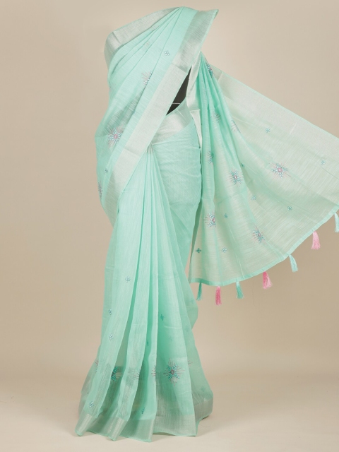 

Pothys Turquoise Blue & Pink Floral Pure Cotton Saree With Tasseled Pallu