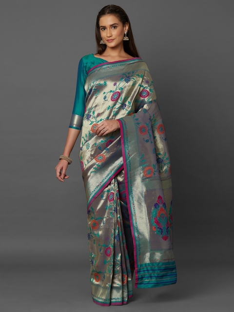 

Mitera Green & Gold Floral Zari Silk Blend Banarasi Saree
