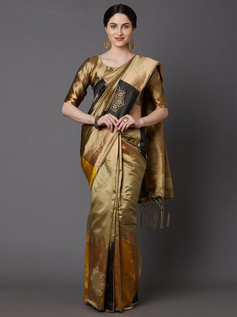 

Mitera Beige & Black Ethnic Motifs Zari Silk Blend Kanjeevaram Saree