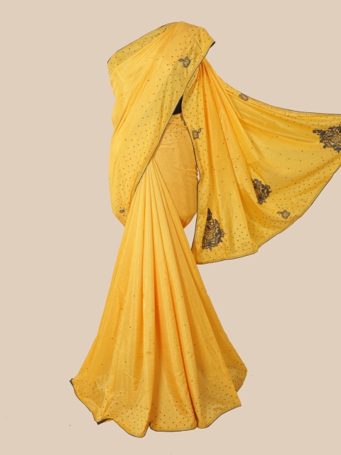 

Pothys Yellow & Pink Embellished Beads and Stones Art Silk Saree