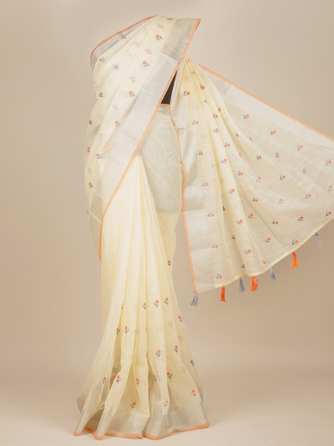 

Pothys Cream Floral Pure Cotton Saree With Tasseled Pallu