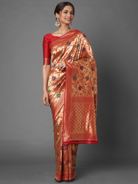 

Mitera Red & Gold-Toned Woven Design Zari Silk Blend Banarasi Saree