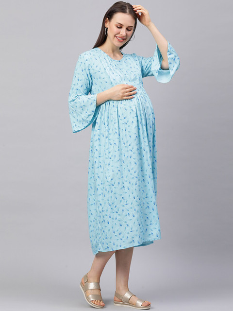 

MomToBe Blue Printed Midi Fit & Flare Maternity Dress