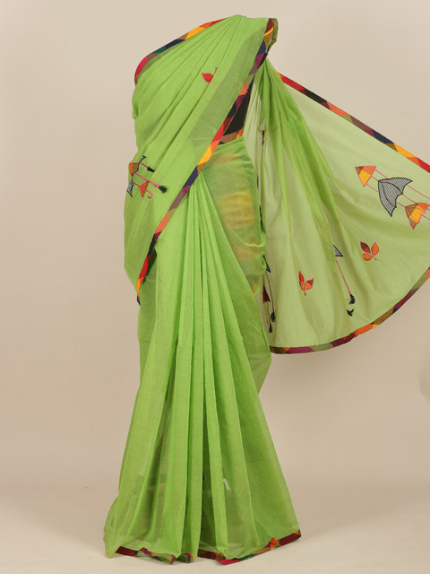 

Pothys Green & Orange Ethnic Motifs Embroidered Saree