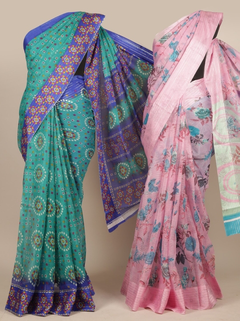 Pothys Pack of 2 Green & Pink Floral Printed Jute Silk Saree