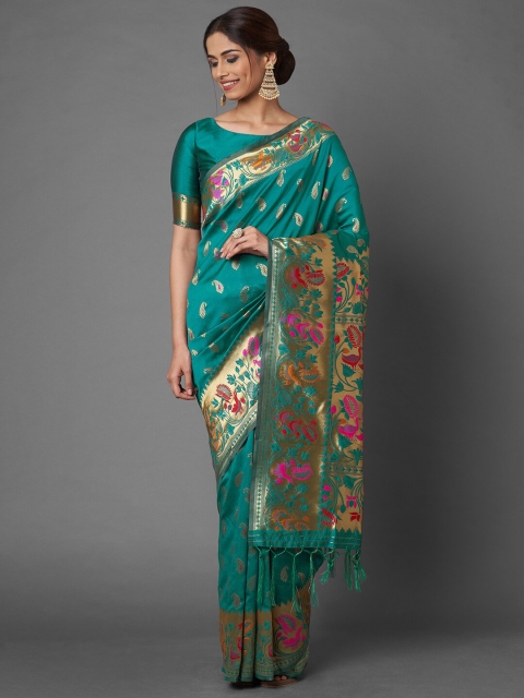 

Mitera Green & Pink Ethnic Motifs Zari Silk Blend Banarasi Saree