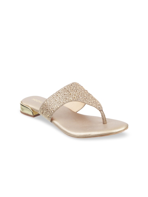 

Mochi Women Gold Embellished Leather Ethnic T-Strap Flats