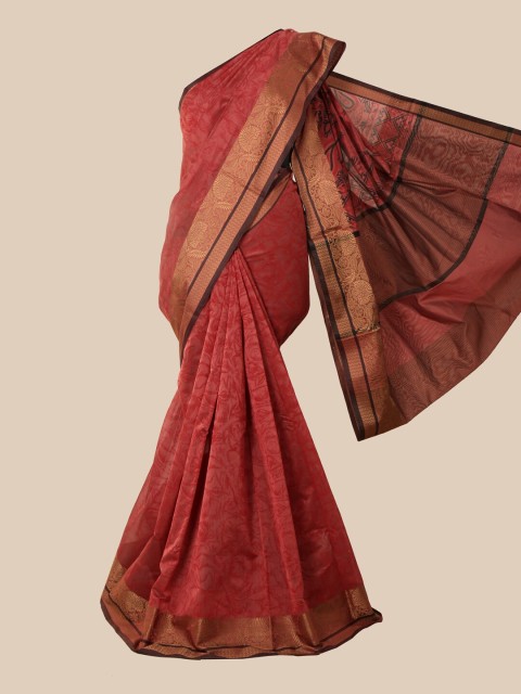 

Pothys Maroon & Gold-Toned Floral Zari Chanderi Saree