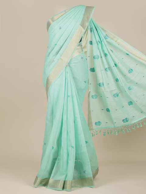 

Pothys Sea Green & Gold Coloured Floral Embroidered Pure Cotton Saree