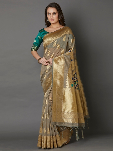 

Mitera Beige & Green Woven Design Zari Silk Cotton Saree