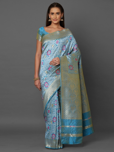 

Mitera Blue & Pink Floral Zari Silk Blend Banarasi Saree