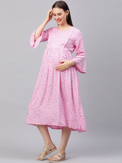 

MomToBe Pink & Blue Printed & Nursing Midi Maternity Dress