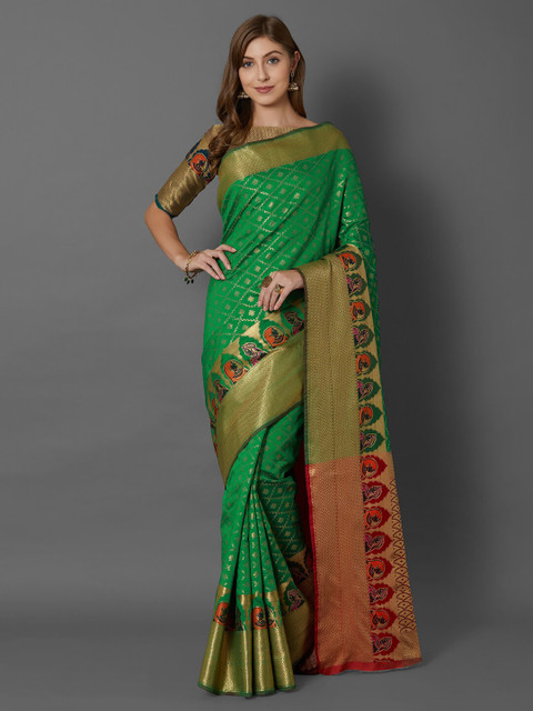 

Mitera Green Woven Design Zari Silk Blend Banarasi Saree