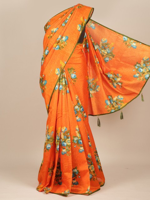 

Pothys Orange & Blue Floral Print Saree
