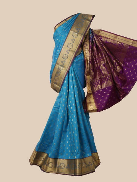 

Pothys Blue & Gold-Toned Ethnic Motifs Zari Satin Banarasi Saree