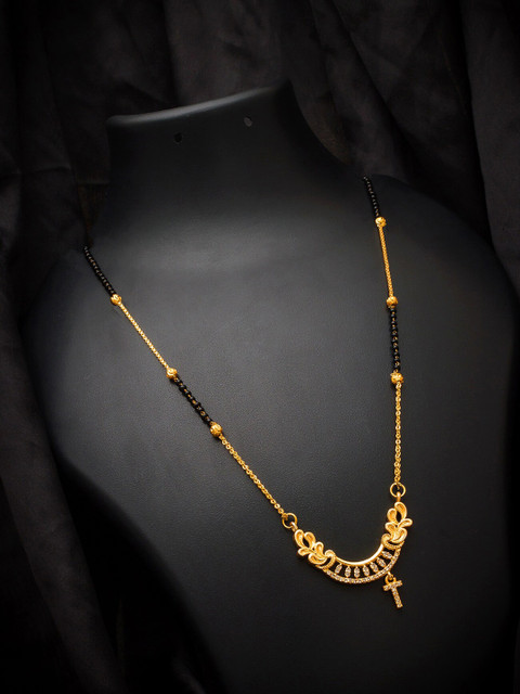 

aadita Gold-Plated Black & White AD-Studded & Beaded Alphabet Letter T Mangalsutra