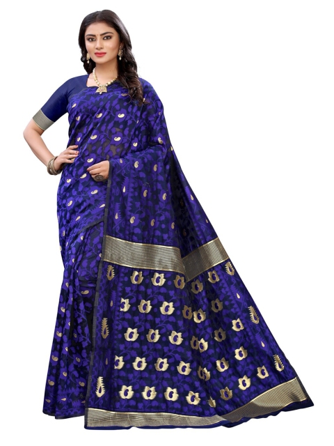 

KALINI Navy Blue & Gold-Toned Woven Design Jamdani Saree