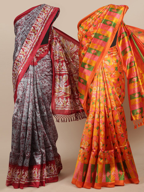 

Pothys Pack Of 2 Grey & Orange Printed Jute Silk Saree