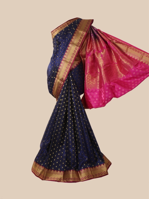 

Pothys Navy Blue & Gold-Toned Ethnic Motifs Satin Banarasi Saree