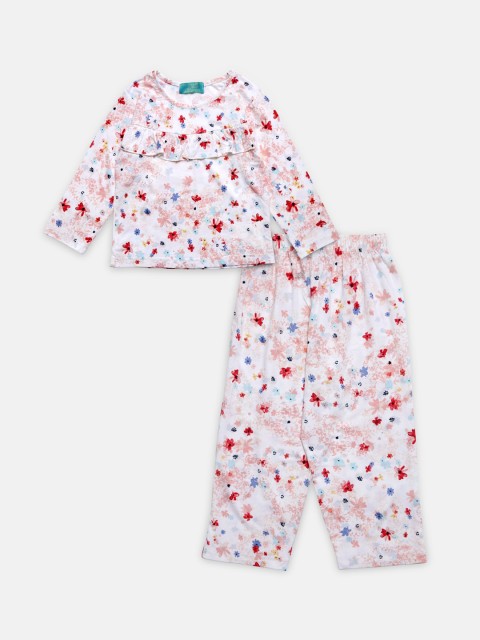 

Tiara Girls White & Red Printed Pure Cotton Night suit