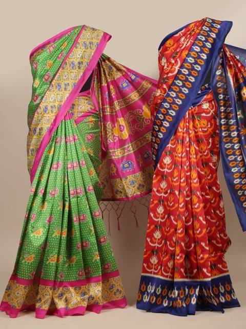 

Pothys Pack of 2 Green & Red Printed Jute Silk Saree