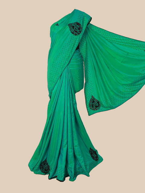 

Pothys Green & Black Ethnic Motifs Beads and Stones Art Silk Saree