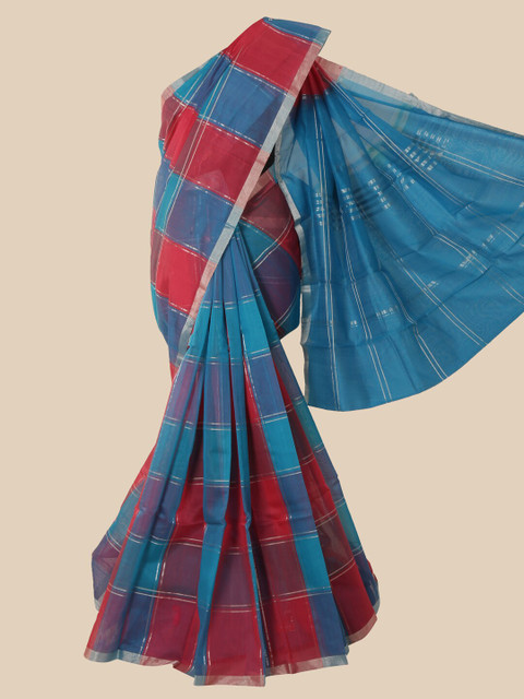 

Pothys Blue & Pink Checked Pure Silk Kanjeevaram Saree
