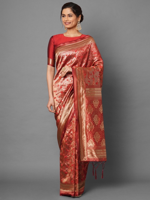 

Mitera Maroon & Gold-Toned Floral Zari Silk Blend Banarasi Saree