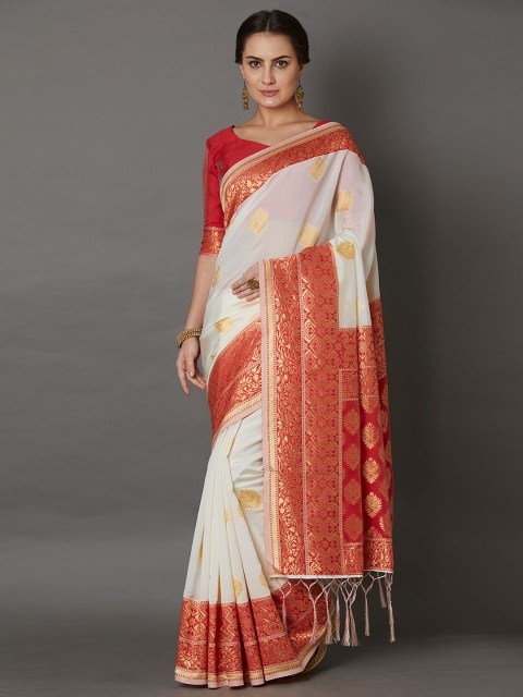 

Mitera Cream & Red Ethnic Motifs Zari Silk Blend Saree