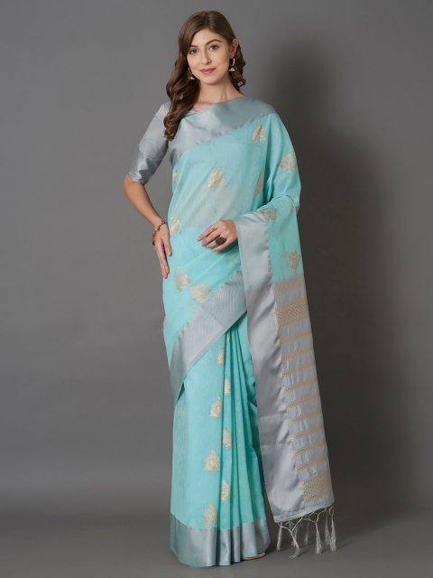 

Mitera Blue & Grey Ethnic Motifs Zari Linen Blend Saree