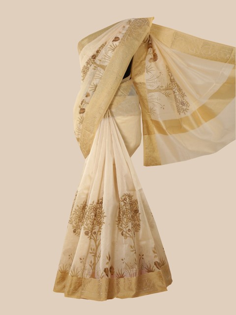 

Pothys Cream & Brown Floral Zari Supernet Saree
