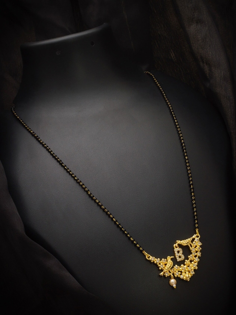 

aadita Gold-Plated Black & White AD-Studded & Beaded Alphabet Letter B Mangalsutra