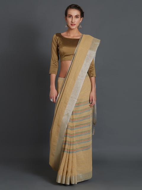 

Mitera Beige & Olive Green Striped Handloom Linen Blend Saree
