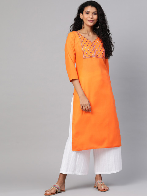 

KSUT Women Orange Yoke Design Thread Work Regular Kurta