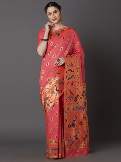 

Mitera Peach & Blue Ethnic Motifs Zari Silk Blend Saree