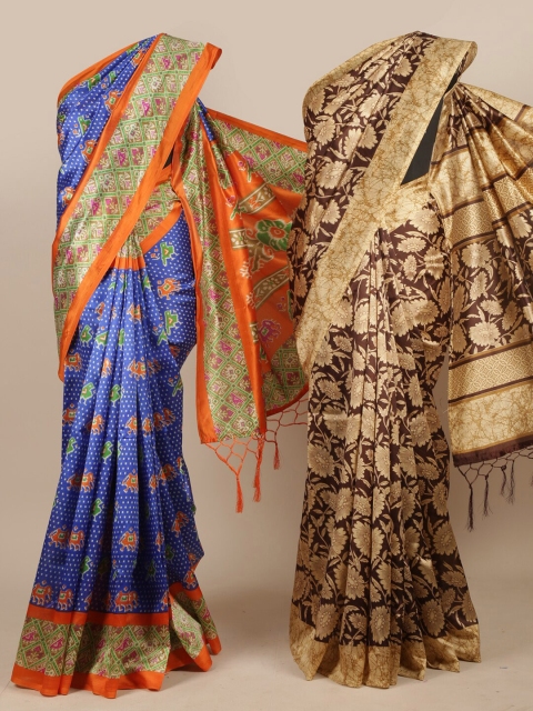 

Pothys Pack Of 2 Blue & Orange Floral Jute Silk Saree
