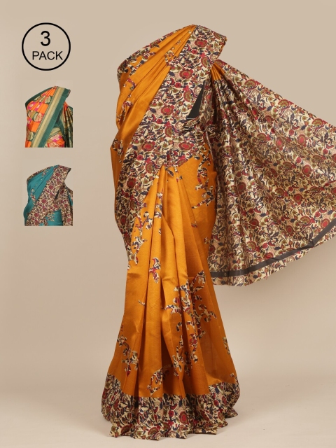 

Pothys Mustard & Teal Set of 3 Ethnic Motifs Printed Jute Silk Saree