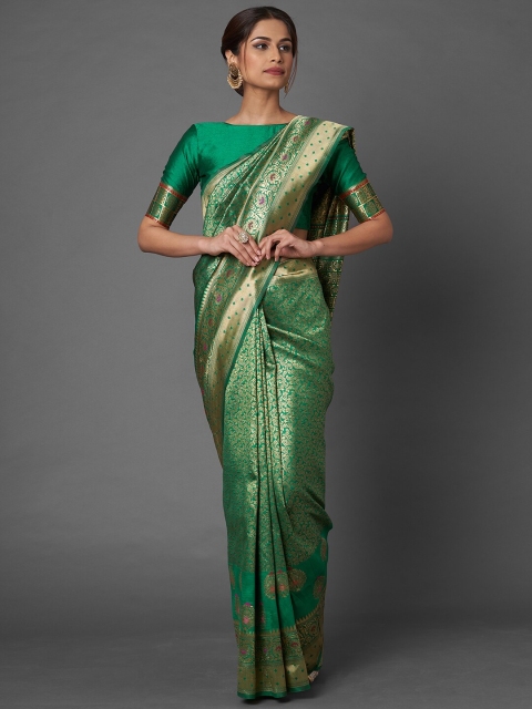 

Mitera Green & Gold-Toned Ethnic Motifs Zari Silk Blend Banarasi Saree