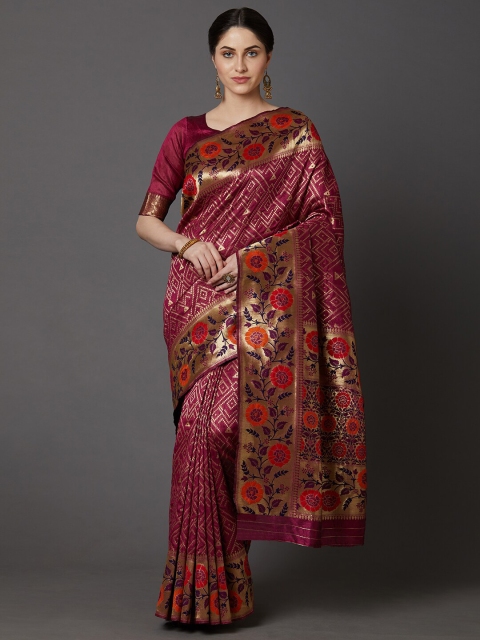 Mitera Magenta & Orange Floral Zari Silk Blend Banarasi Saree