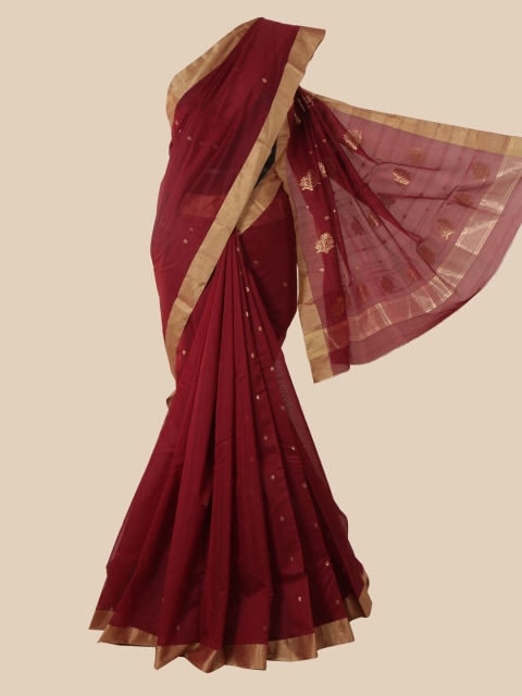 

Pothys Maroon & Gold-Toned Floral Zari Pure Silk Maheshwari Saree